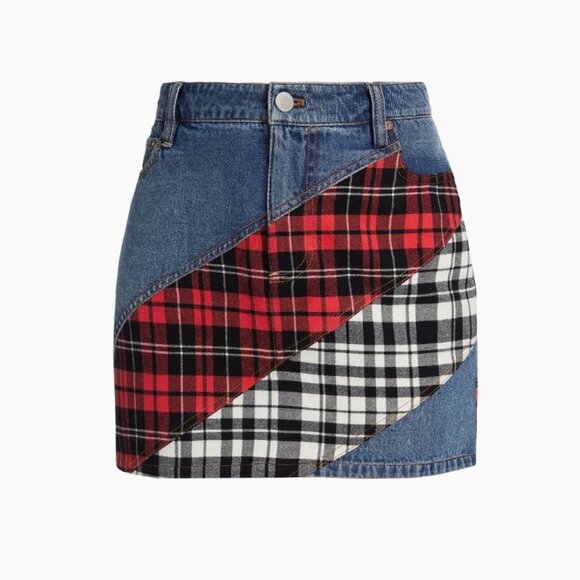 NWT Alice + Olivia Slim Fit Mini Skirt Denim Patchwork Size 24 Christmas - Picture 2 of 7